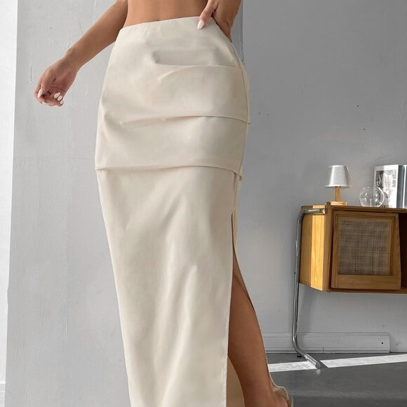 Beige Preppy Womens old Pleated Split Thigh Skirt - Picture 2 of 5